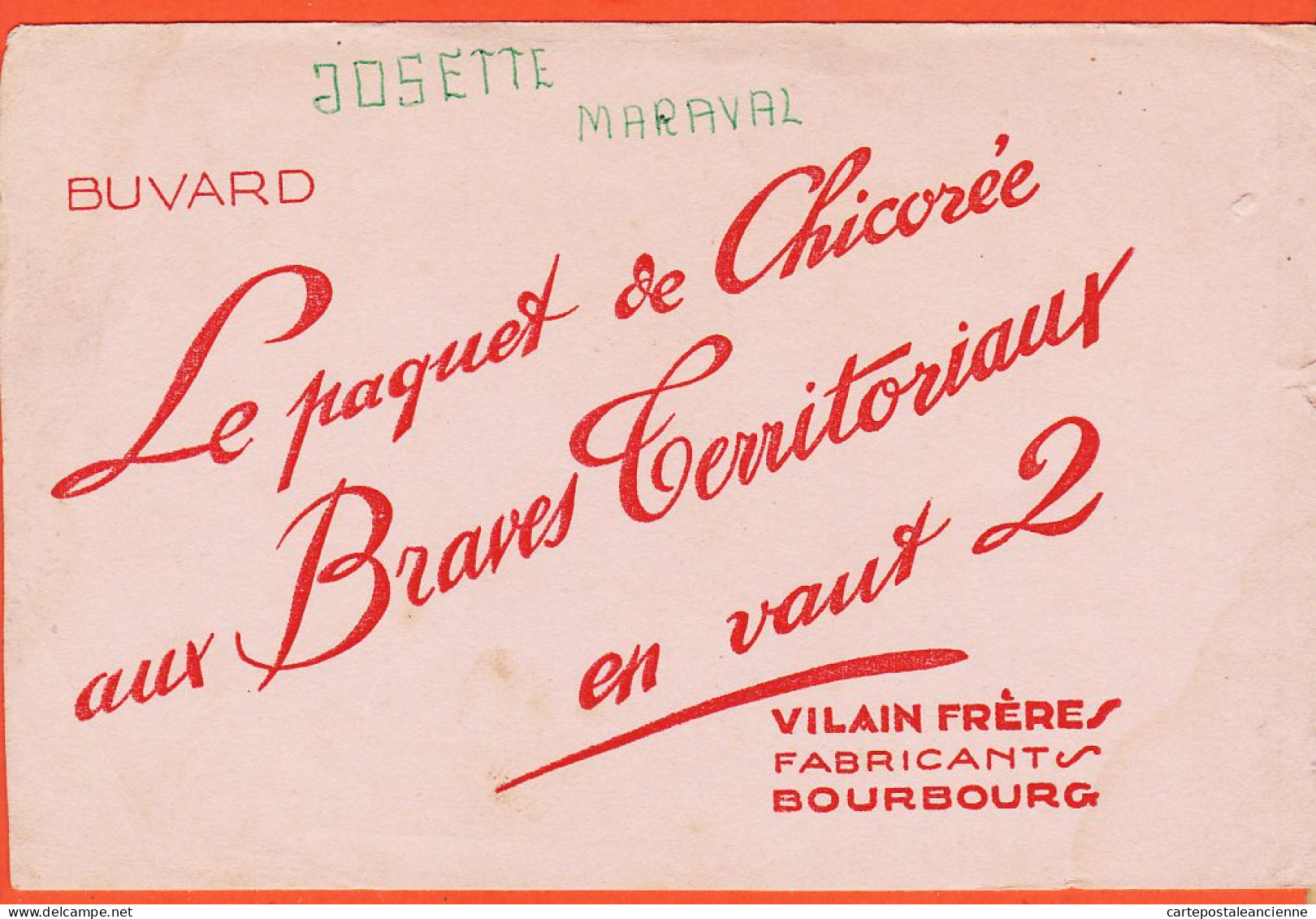 14858 / ⭐ BOURBOURG 59-Nord VILAIN Frères Fabricants Paquet Chicorée Aux BRAVES TERRITORIAUX En Vaut 2 Buvard Blotter - Kaffee & Tee