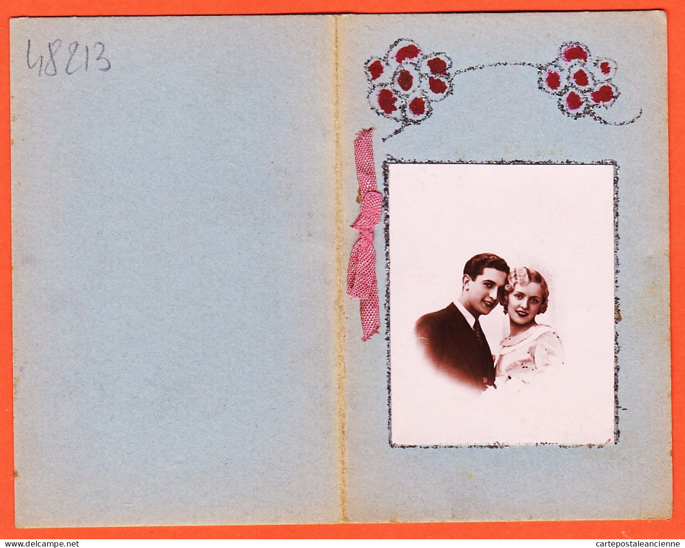 14974 /⭐ Double Carte Artisanale (1) Ajouti Photo Broché Ruban Tissus Feuillet Inercalaire Jeune Couple 1930s  - Couples