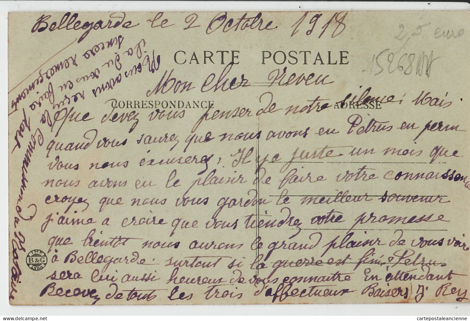 14556 / BELLEGARDE Ain La PERTE Du RHONE écrite 02.10.1918 Période CPAWW1 Retour De Petrus - Bellegarde-sur-Valserine