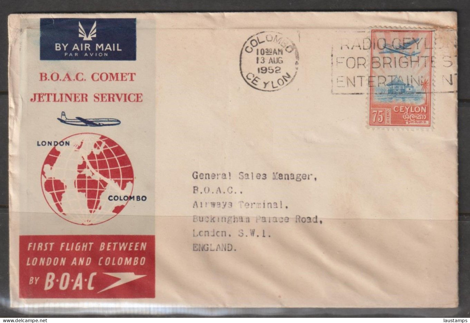 Sri Lanka, Ceylon 1952 BOAC Comet Jetliner Service First Flight Cover London And Colombo - Sri Lanka (Ceylon) (1948-...)