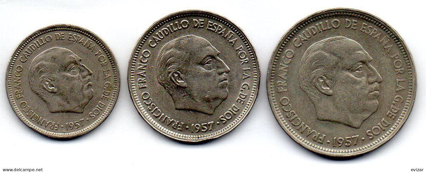 SPAIN, Set Of Three Coins 5, 25, 50 Pesetas, Copper-Nickel, Year 1957, KM # 786, 787, 788 - Otros & Sin Clasificación