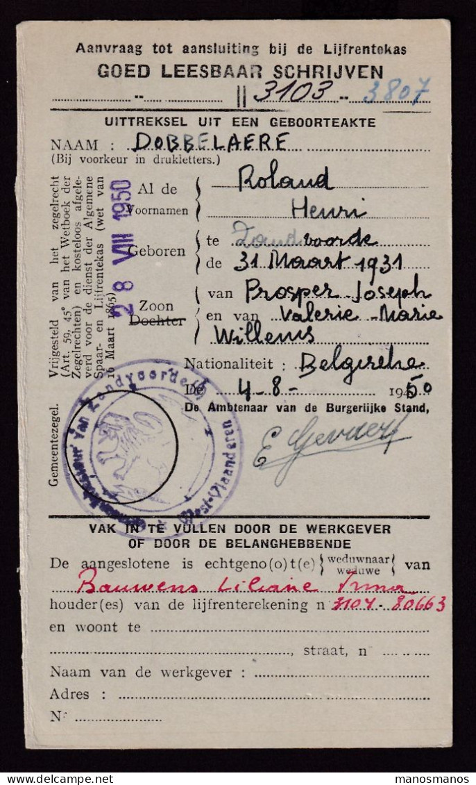 DDFF 899 -- Collection Petit Sceau De L' Etat - IMPRIME Gemeente ZANDVOORDE 1950 Via OOSTENDE - Retour OUDENBURG - 1935-1949 Klein Staatswapen