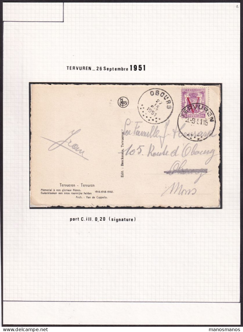 DDFF 900 -- Collection Petit Sceau De L' Etat + V - Carte Illustrée TERVUEREN 1951 Vers OBOURG - COB 20 EUR S/document - 1935-1949 Klein Staatswapen