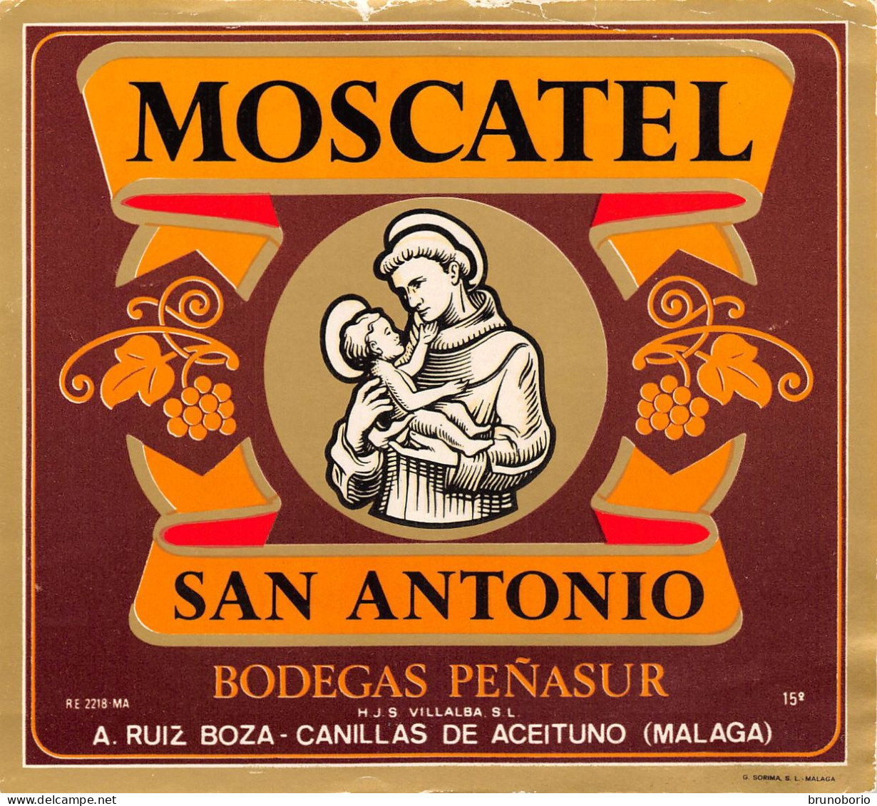 00057 "MOSCATEL - SAN ANTONIO - BODEGAS PENASUR. A.RUIZ BOZA-CANILLAS DE ACEITUNO - MALAGA"  ETICH RELIGIOSA  EFFIGE - Religions