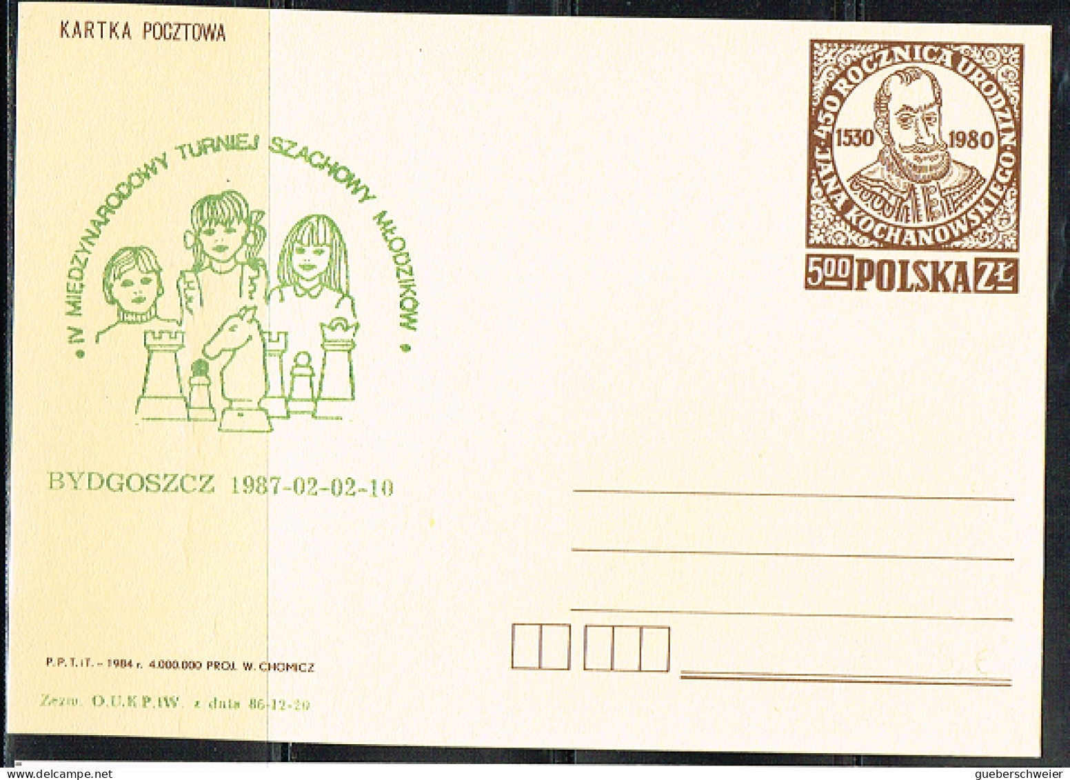 ECH L 57 - POLOGNE Entier Postal Tournoi D'Echecs 1987 - Postwaardestukken