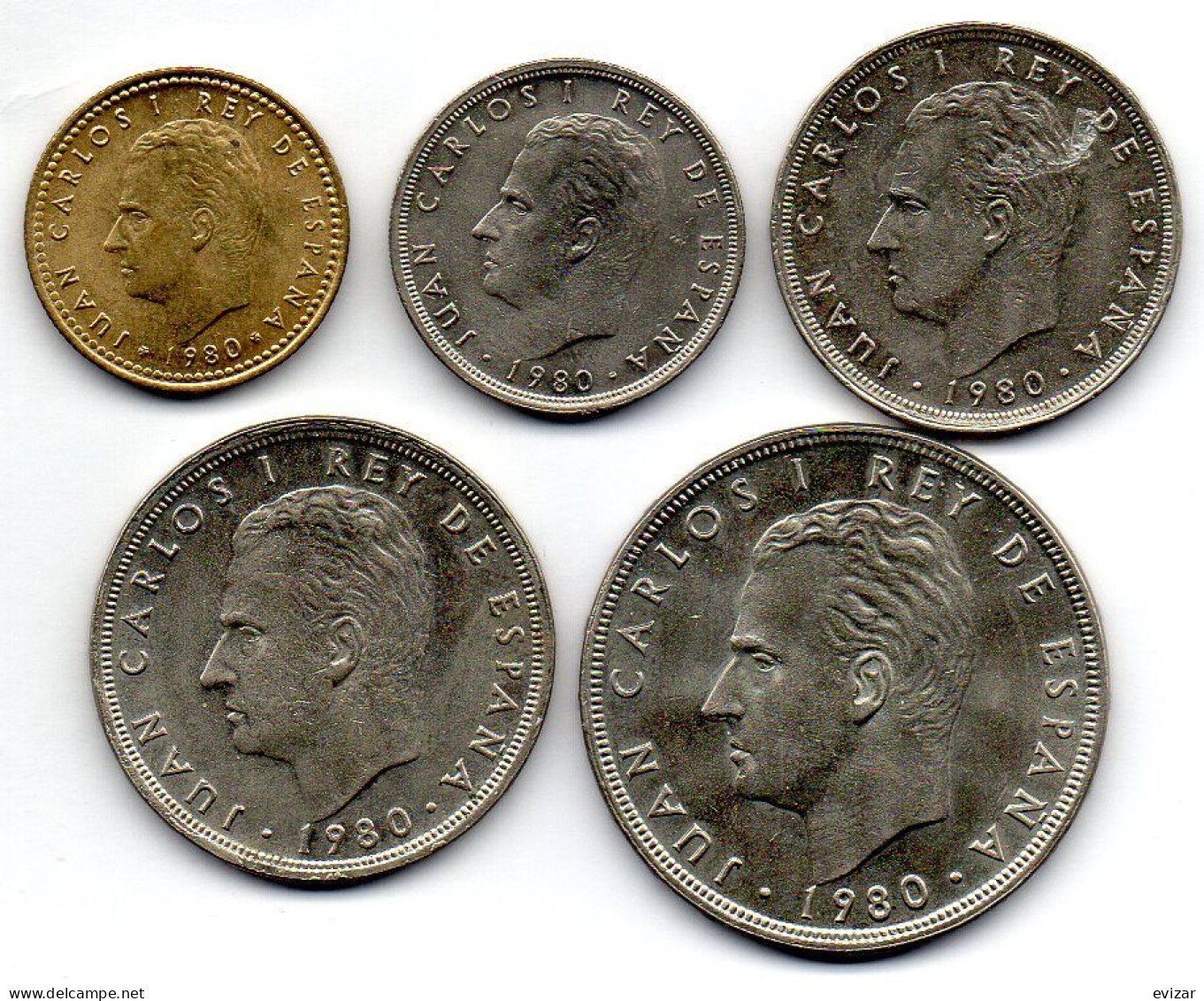 SPAIN, Set Of Five Coins 1, 5, 25, 50, 100 Pesetas, Copper-Nickel, Alum-Bronze, Year 1980, KM # 816, 817, 818, 819, 820 - Other & Unclassified