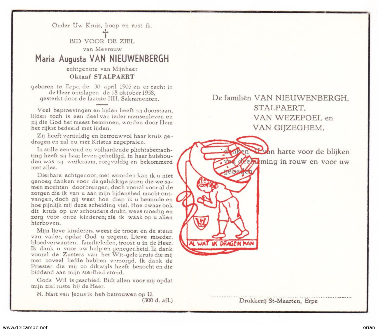 DP Maria Augusta Van Nieuwenbergh ° Erpe- Erpe-Mere 1905 † 1958 X Oktaaf Stalpaert // Van Wezepoel Van Gijzeghem - Images Religieuses