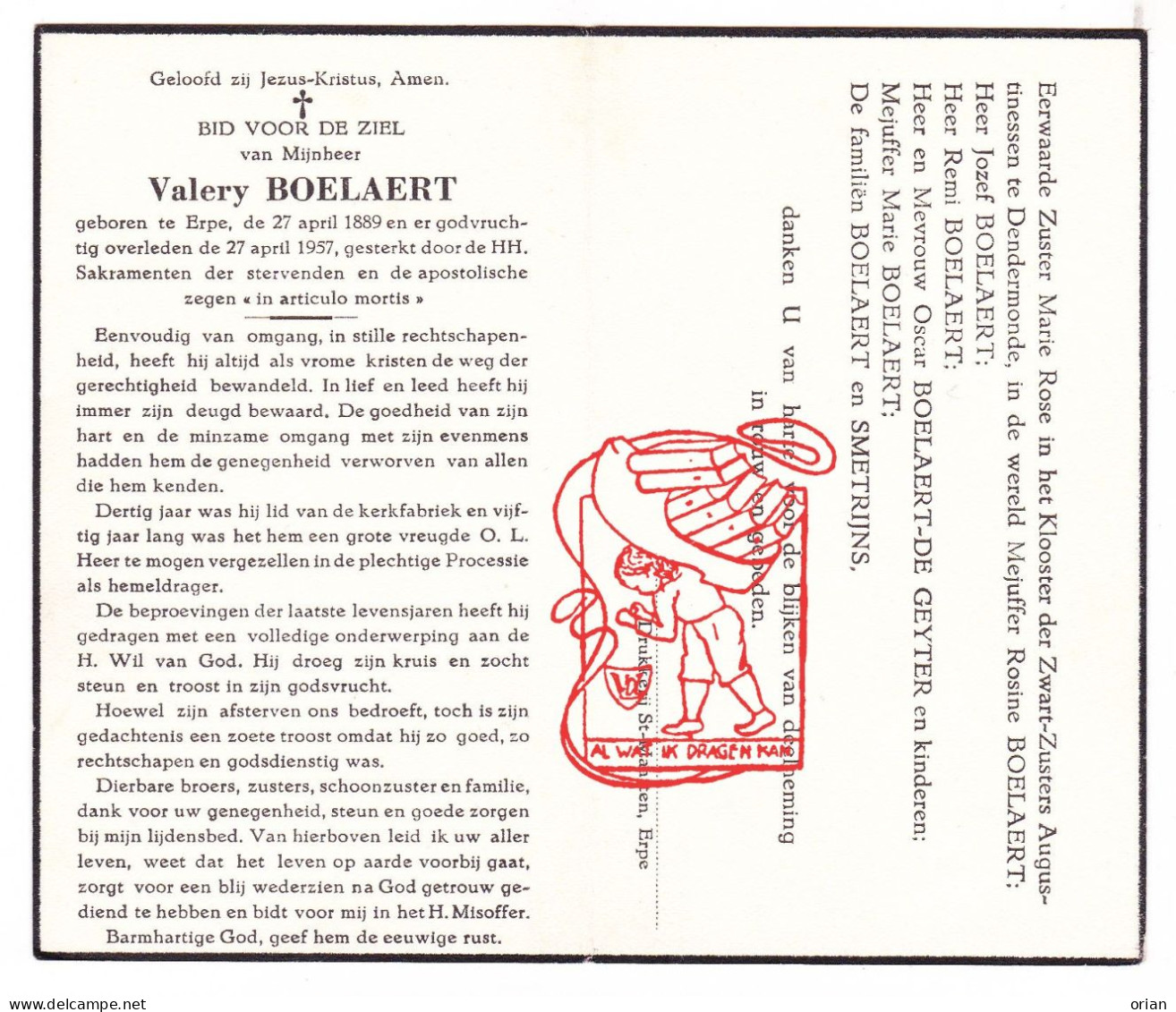 DP Valery Boelaert ° Erpe Erpe-Mere 1889 † 1957 De Geyter Smetrijns - Images Religieuses