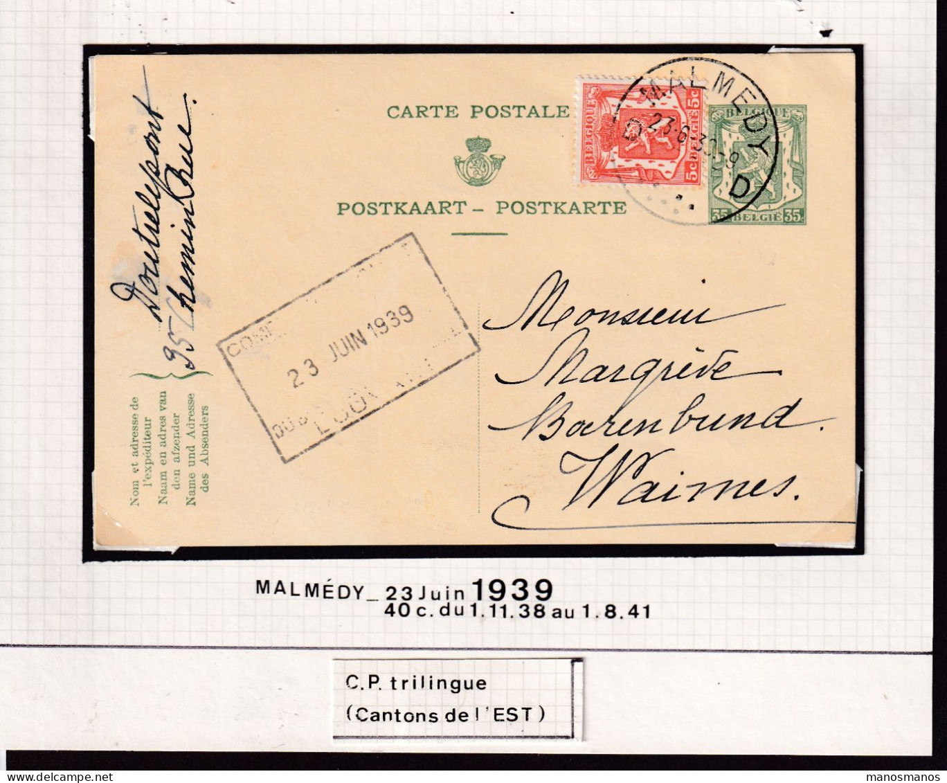 DDFF 902 -- Collection Petit Sceau De L' Etat - CANTONS DE L'EST - Entier Postal Trilingue MALMEDY 1939 Vers WAIMES - 1935-1949 Sellos Pequeños Del Estado