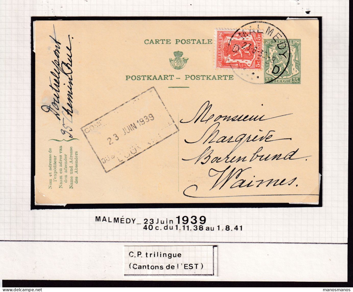 DDFF 902 -- Collection Petit Sceau De L' Etat - CANTONS DE L'EST - Entier Postal Trilingue MALMEDY 1939 Vers WAIMES - 1935-1949 Small Seal Of The State