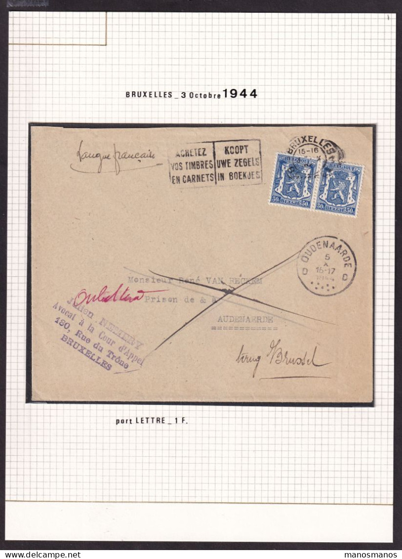 DDFF 904 -- Collection Petit Sceau De L' Etat - Enveloppe BRUXELLES 1944 Vers OUDENAARDE - Retour Bruxelles - 1935-1949 Small Seal Of The State