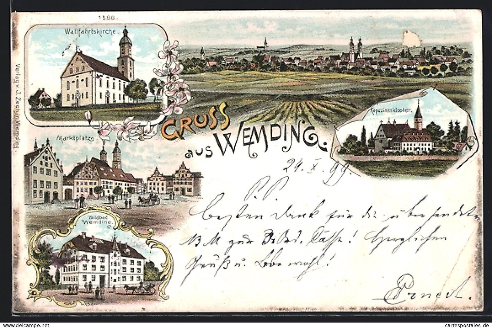 Lithographie Wemding, Wallfahrtskirche, Marktplatz, Wildbad, Kapuzinerkloster  - Wemding