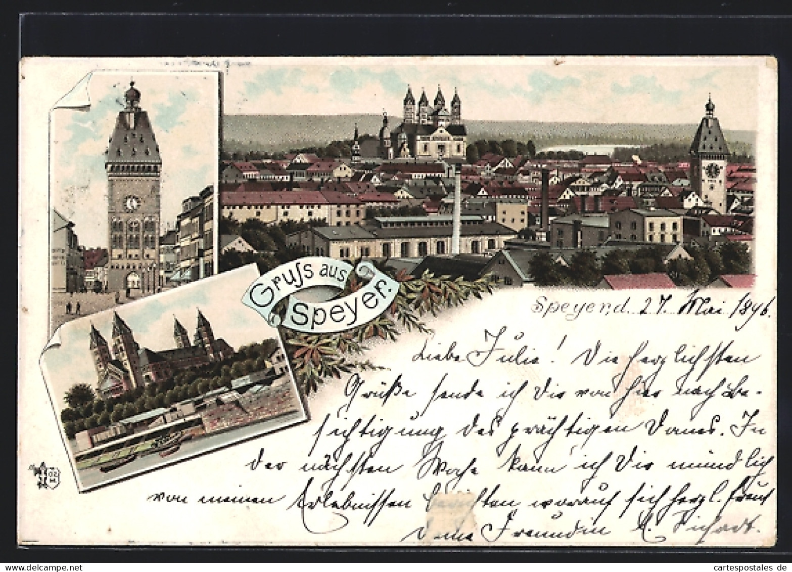 Lithographie Speyer, Ortsansicht Mit Uhrturm, Hafenpartie  - Speyer