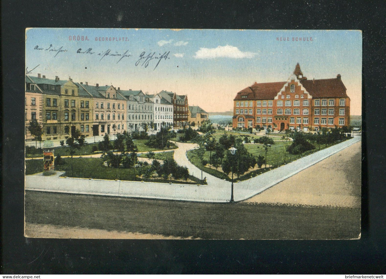 "GROEBA" 1917, Helio-Color-AK "Georgsplatz, Neue Schule" (B1068) - Riesa