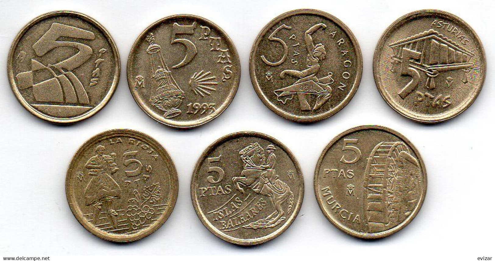 SPAIN, Set Of Seven Coins 5 Pesetas, Nickel-Brass, Alum-Bronze, Year 1991-99, KM # 833, 919, 931, 946, 960, 981, 1008 - 5 Pesetas
