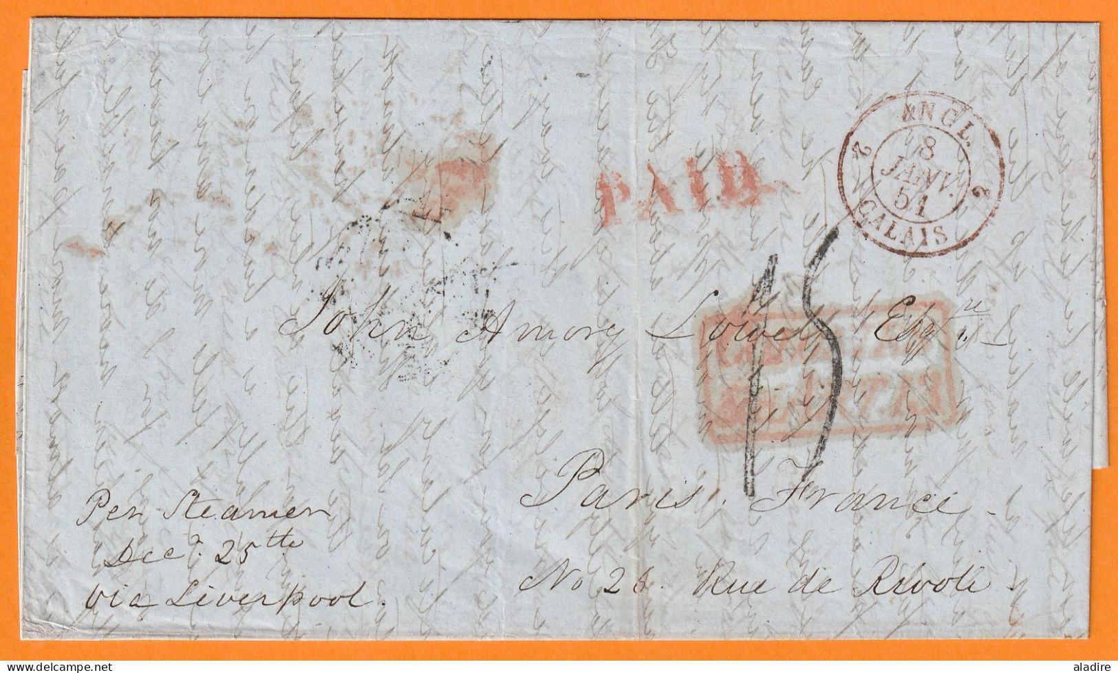 1851 - QV - Lettre De BROOMLEY, Stocksfield, Northumberland Vers Paris - COLONIES ART 13 - Via LIVERPOOL STEAMER - Poststempel