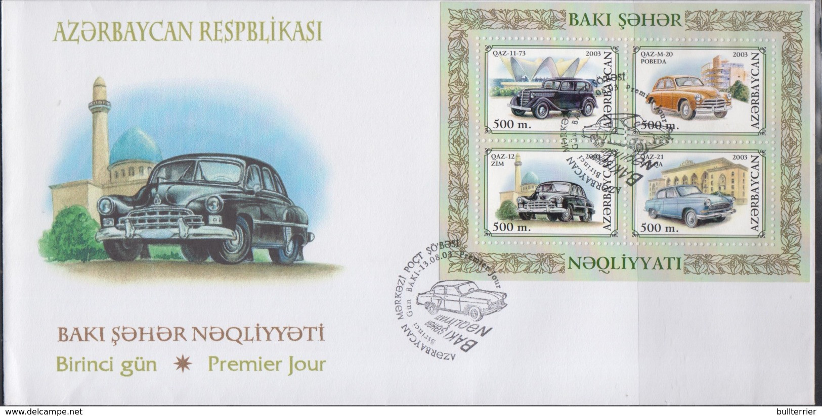 MOTOR VEHICLES  - AZERBAIJAN - 2003- MOTOR CARS SHEETLET OF 4  ON  ILLUSTRATED FDC - Autos