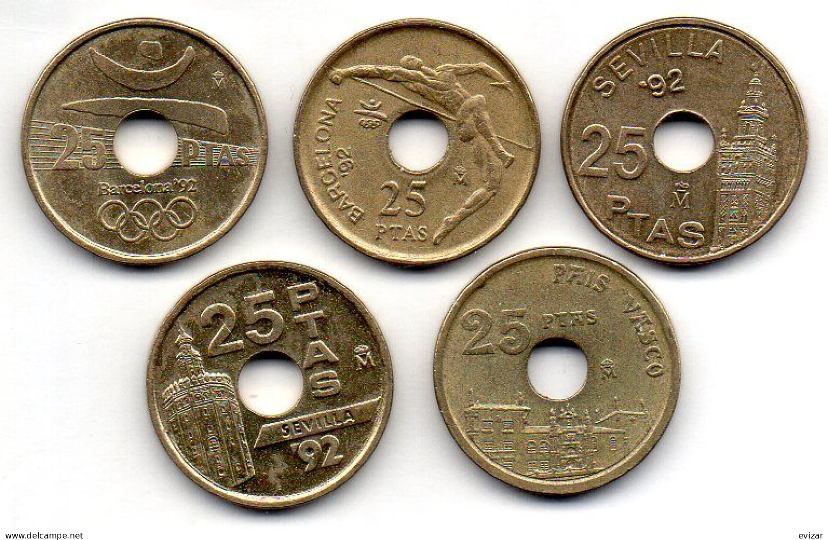 SPAIN, Set Of Five Coins 25 Pesetas, Nickel-Bronze, Year 1990-93, KM # 850, 851, 904, 905, 920 - 25 Pesetas