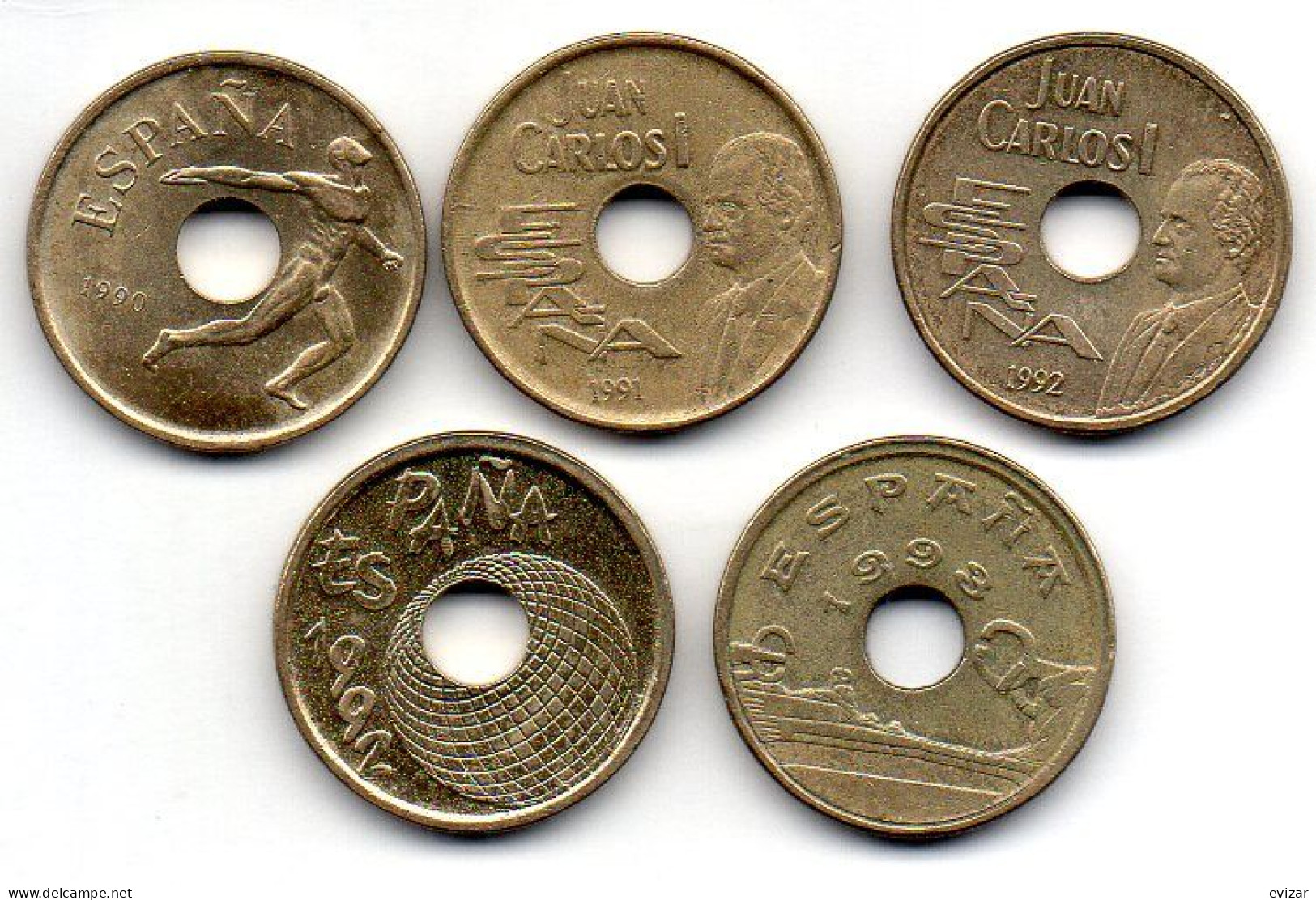 SPAIN, Set Of Five Coins 25 Pesetas, Nickel-Bronze, Year 1990-93, KM # 850, 851, 904, 905, 920 - 25 Peseta