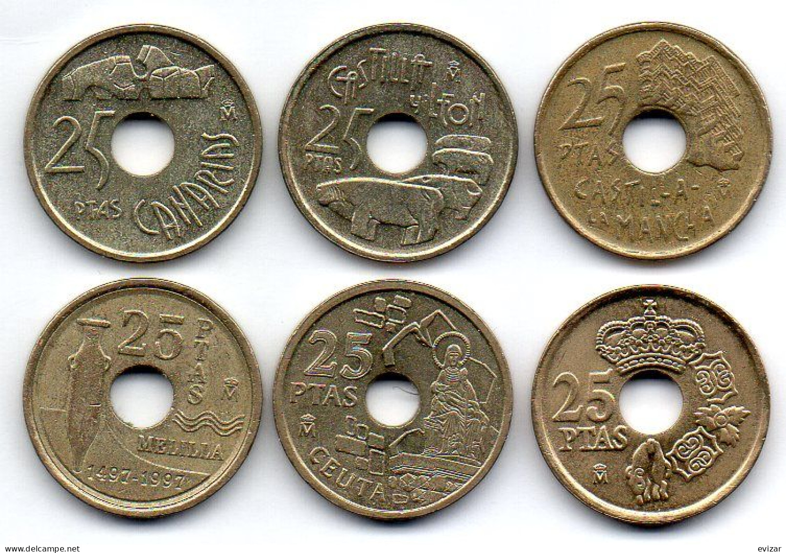 SPAIN, Set Of Six Coins 25 Pesetas, Nickel-Bronze, Brass, Year 1994-2000, KM # 933, 948, 962, 983, 990, 1013 - 25 Pesetas