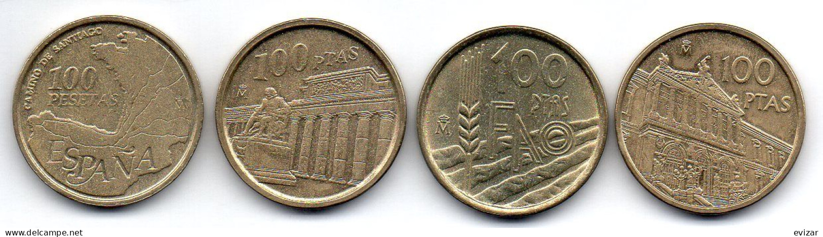 SPAIN, Set Of Four Coins 100 Pesetas, Nickel-Brass, Copper-Nickel, Year 1993-96, KM # 922, 935, 950, 964 - 100 Peseta