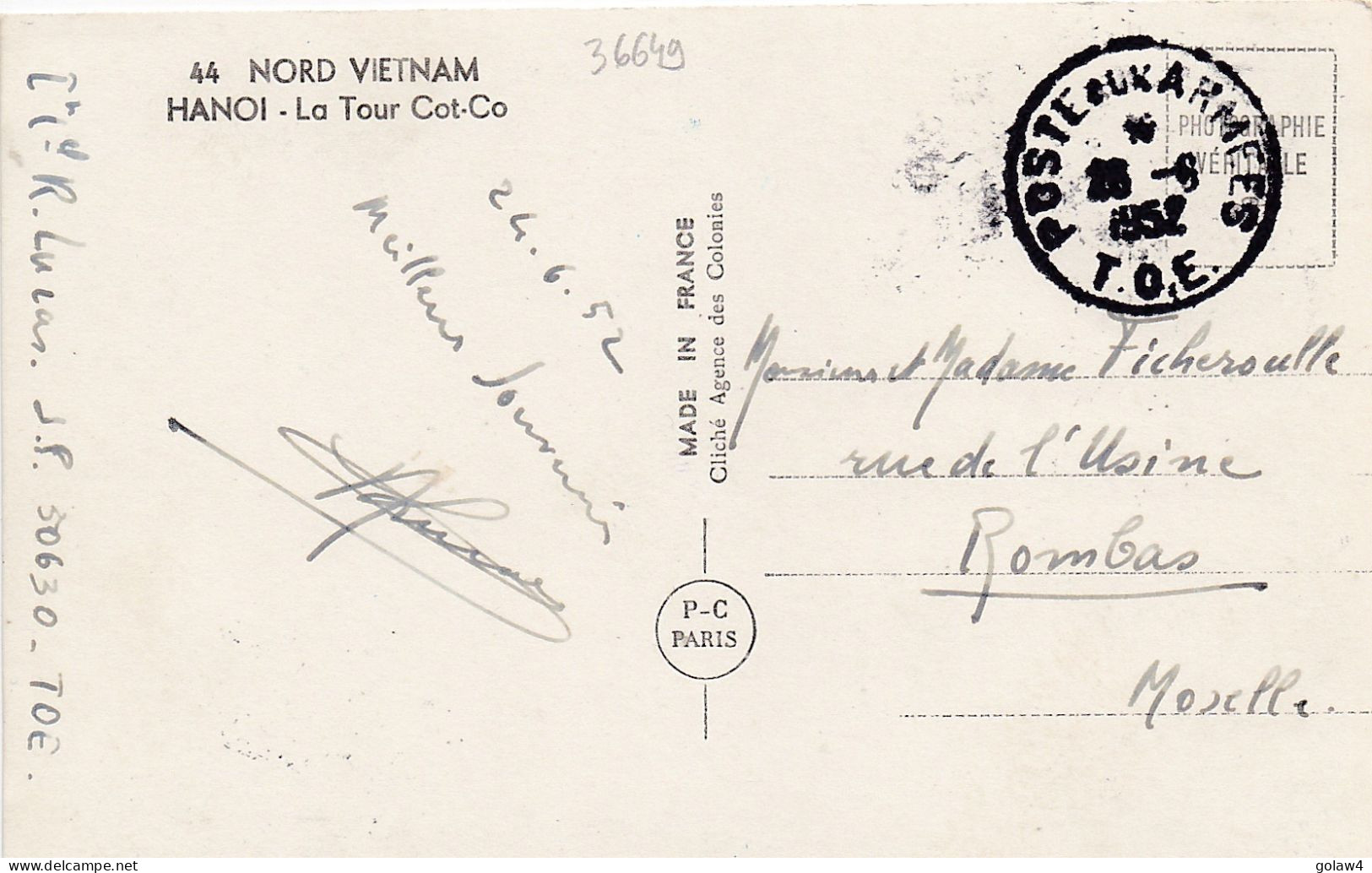 36649# CARTE POSTALE NORD VIETNAM HANOI TOUR COT CO Obl POSTE AUX ARMEES TOE 1952 T.O.E. INDOCHINE ROMBAS MOSELLE - Guerre D'Indochine / Viêt-Nam