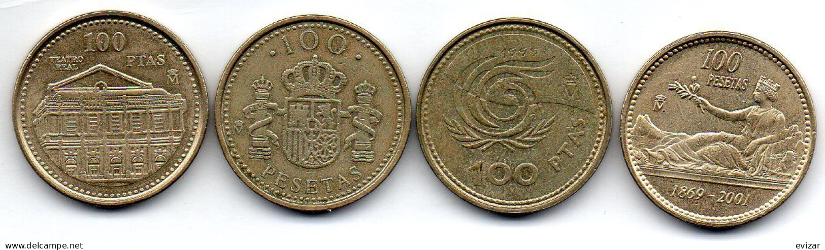 SPAIN, Set Of Four Coins 100 Pesetas, Brass, Aluminum-Bronze, Year 1997-2001, KM # 984, 989, 1006, 1016 - 100 Pesetas