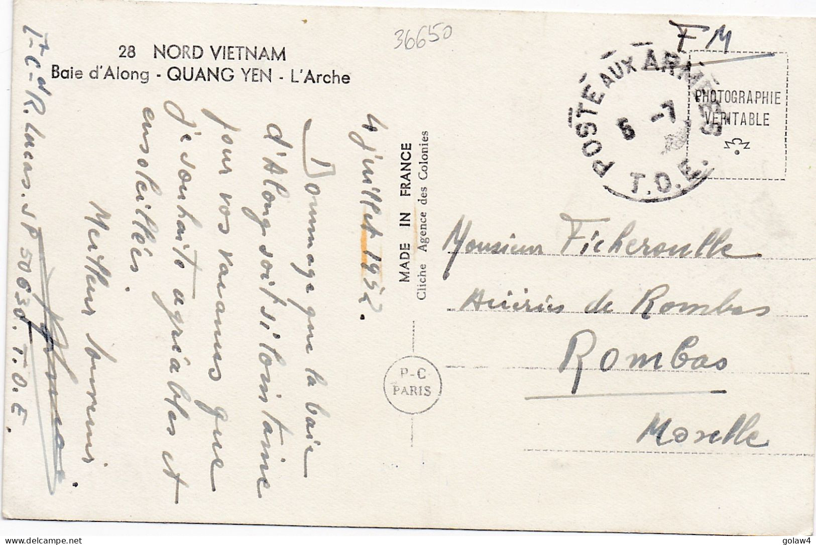 36650# CARTE POSTALE NORD VIETNAM BAIE ALONG QUANG YEN ARCHE POSTE AUX ARMEES TOE 1952 T.O.E. INDOCHINE ROMBAS MOSELLE - War Of Indo-China / Vietnam