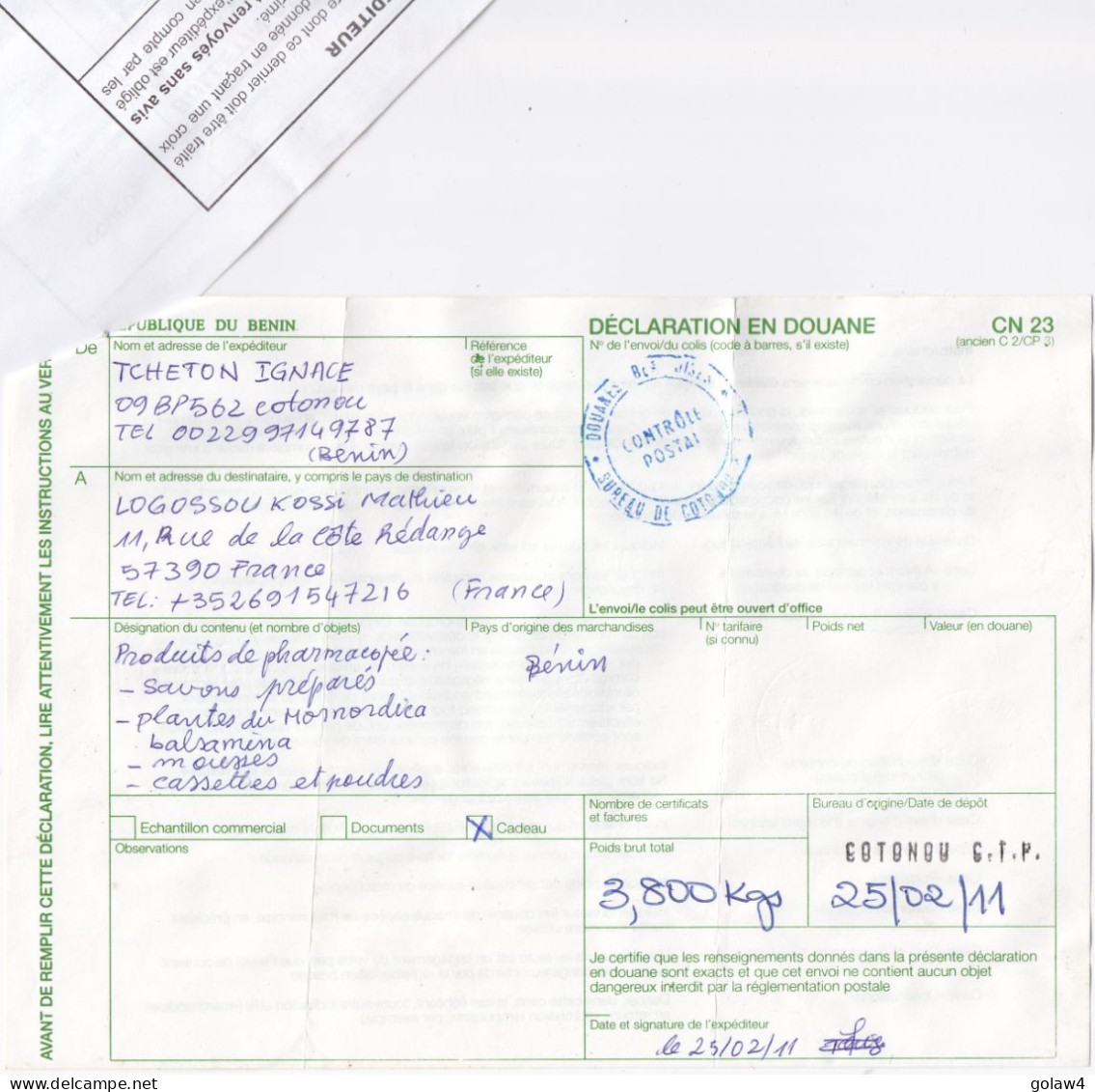 36654# BENIN COLIS POSTAL DECLARATION EN DOUANE PRODUITS DE PHARMACIE CENTRE DE TRI POSTAL COTONOU 2011 REDANGE MOSELLE - Benin - Dahomey (1960-...)