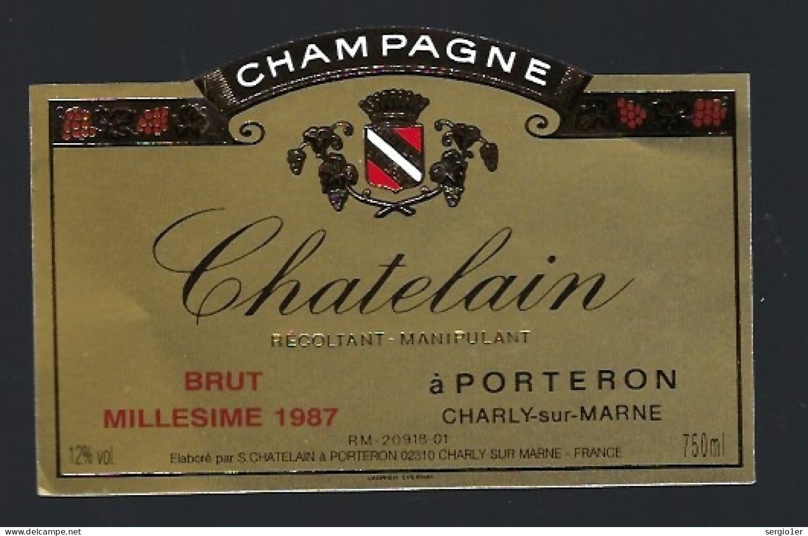 Etiquette Champagne Brut  Millesime 1987 Chatelain Porteron Charly Sur Marne Aisne 02 - Champagne