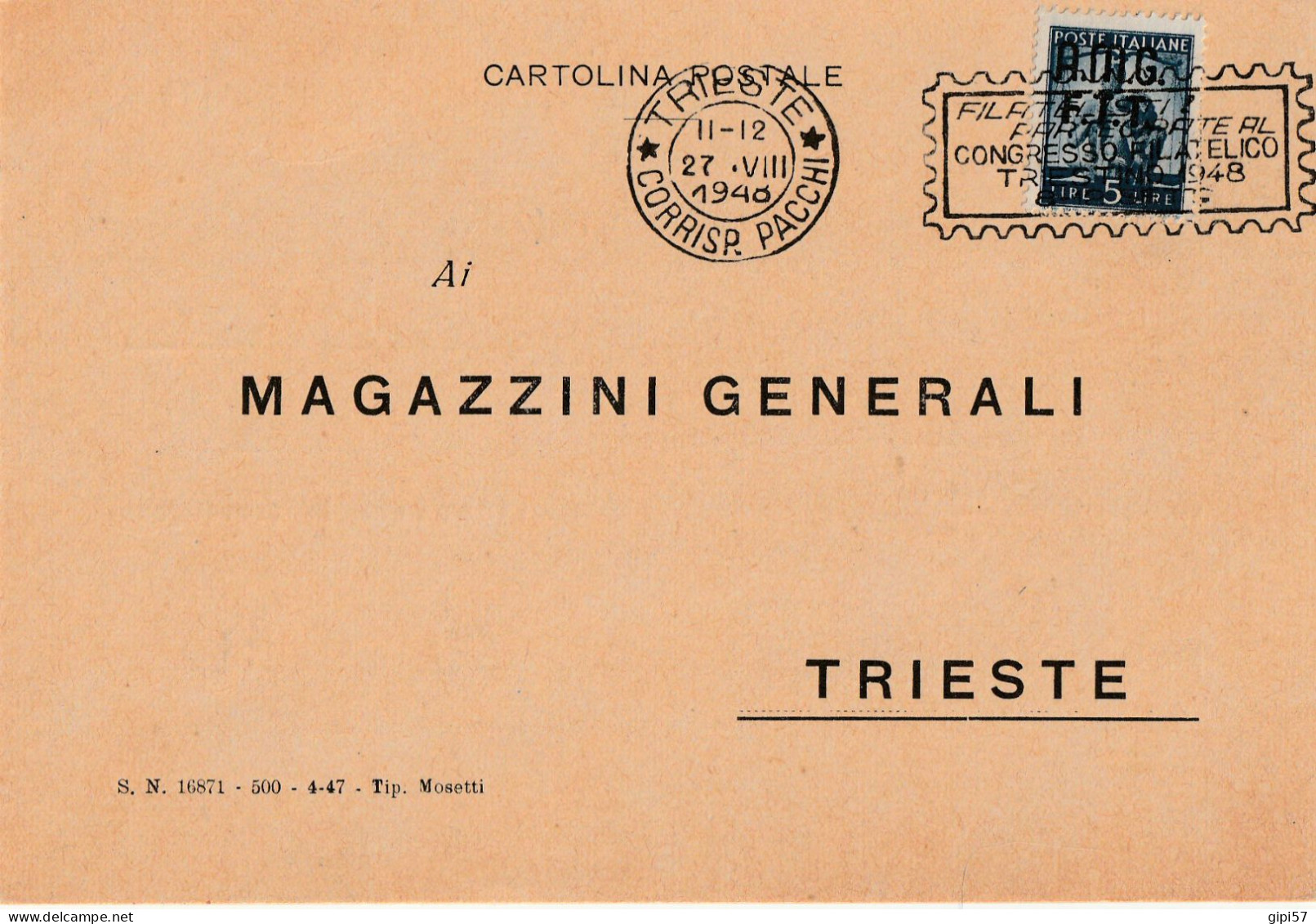 CARTOLINA POSTALE TRIESTE ANNULLO TARGHETTA 1948 CONGRESSO FILATELICO - Marcophilia