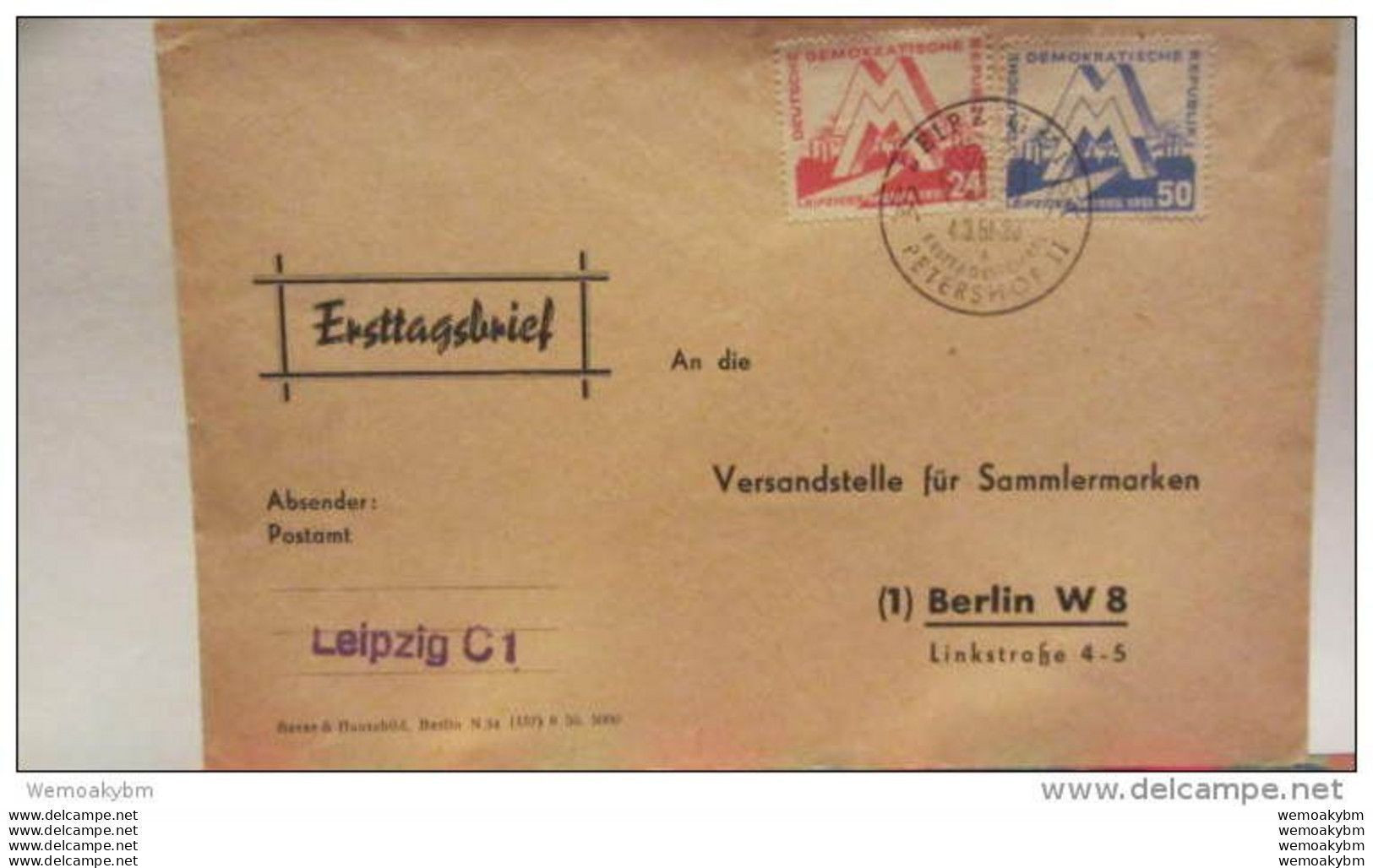 DDR Bis 64: FDC-Brief Frühjahrsmesse 1950 Leipzig Mit SoSt. Vom Petershof 4.3.51 Mit Eingedruckt. Anschrift Knr: 282/3 - 1950-1970