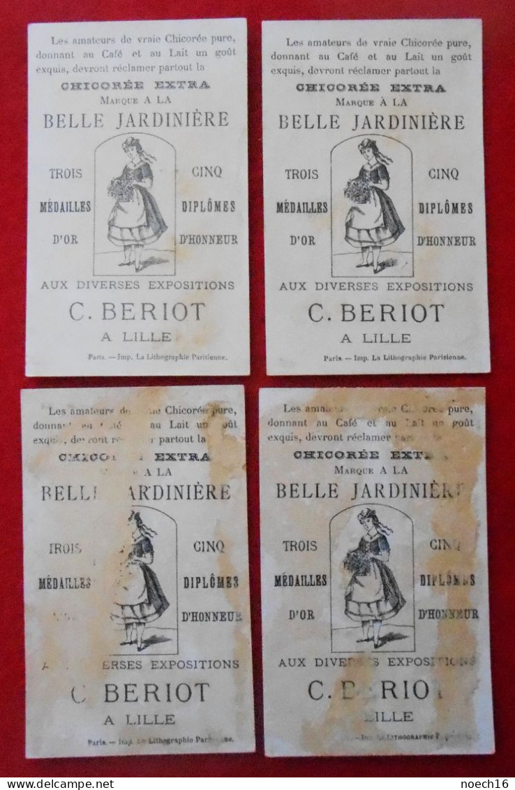 4 Chromos Art Nouveau.Femmes Papillon Chicorée "A La Belle Jardinière", C. Beriot, Lille - Tee & Kaffee