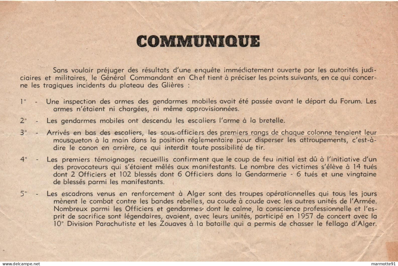 TRACT COMMUNIQUE INCIDENTS PLATEAU DES GLIERES ALGER GENDARMES GUERRE ALGERIE  PROPAGANDE - Dokumente