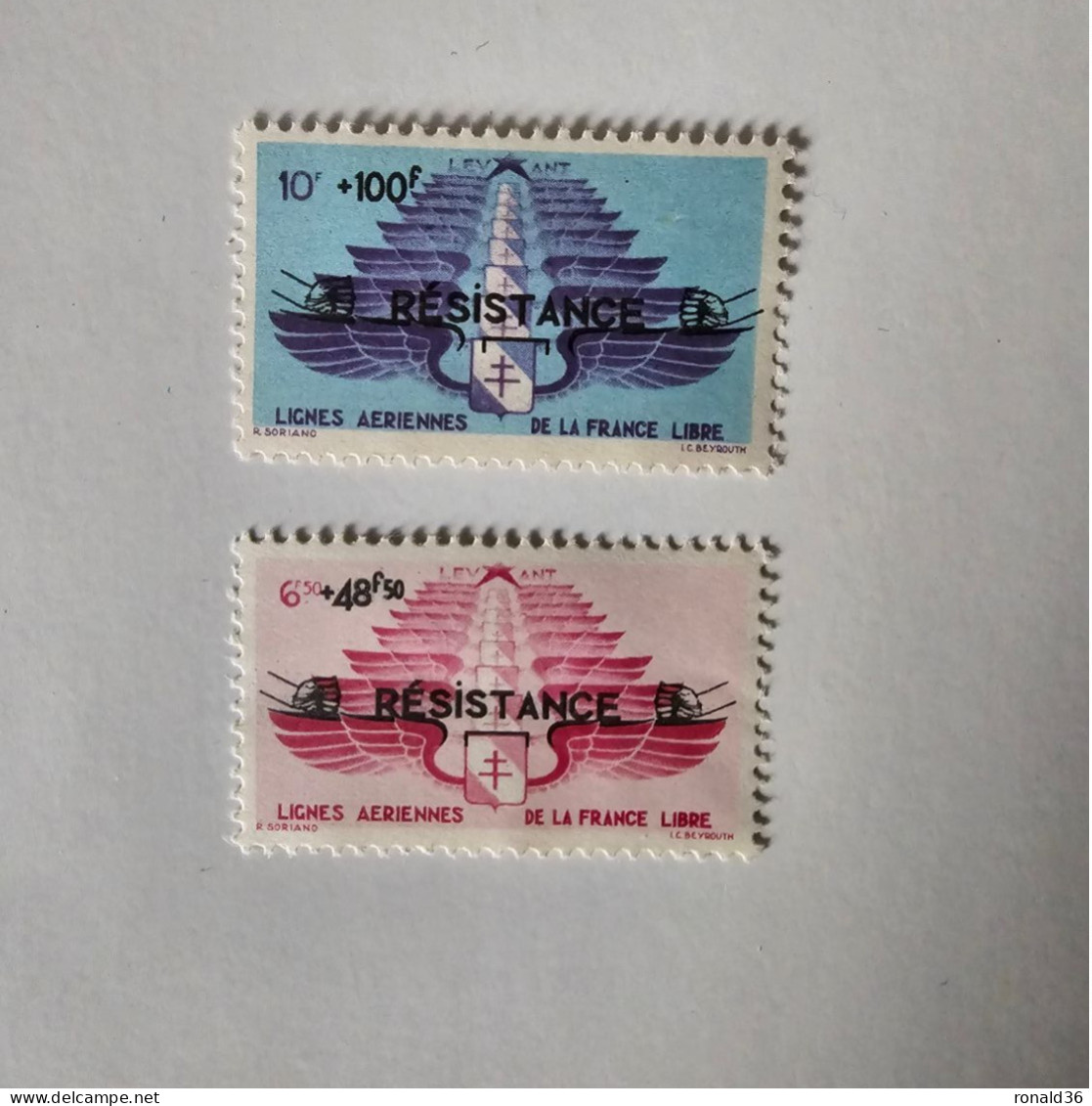 LEVANT POSTES N° 8 & 9 FRANCE LIBRE RESISTANCE 10 100 6.5 48.50 F Franc Timbre Francais Ex Colonie Française Protectorat - Unused Stamps