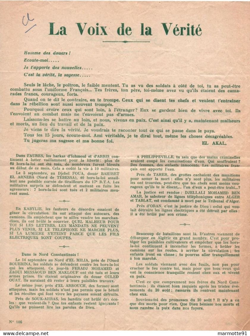 TRACT LA VOIX DE LA VERITE GUERRE ALGERIE  PROPAGANDE - Documenti