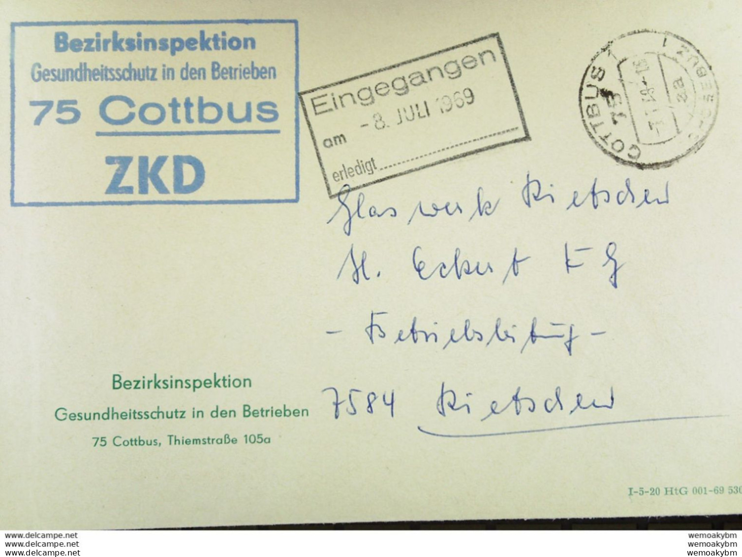Fern-Brief Mit ZKD-Kastenstempel "Bezirksinspektion Gesundheitsschutz In Den Betrieben 75 COTTBUS" 7.1.69 Nach Rietschen - Centrale Postdienst
