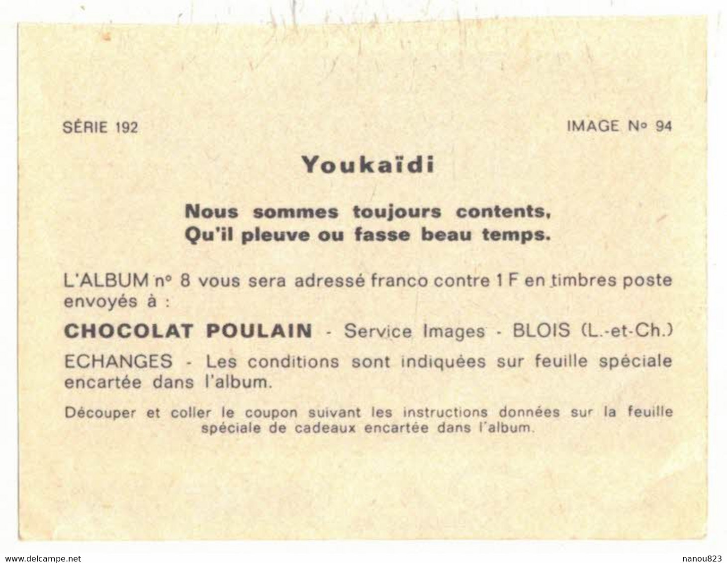 IMAGE CHROMO CHOCOLAT POULAIN Série 192 N° 94 MUSIQUE CHANSON SCOUTS YOUKAÏDI COMPTINE BIVOUAC TENTE PLUIE CAMPEMENT - Poulain