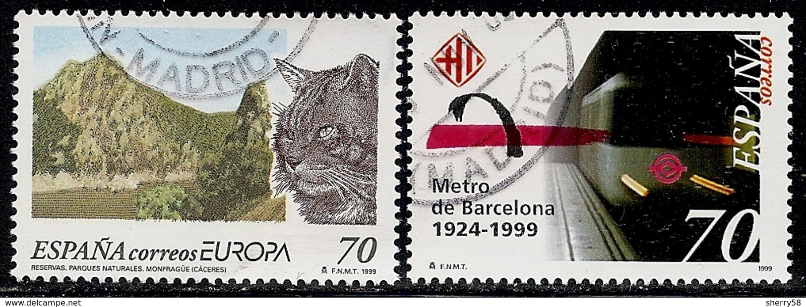 1999-ED. 3628 Y 3629 - 2 SERIES COMPLETAS-TEMA EUROPA.MONTFRAGÜE.GATO MONTÉS Y METRO DE BARCELONA-USADO - Usados