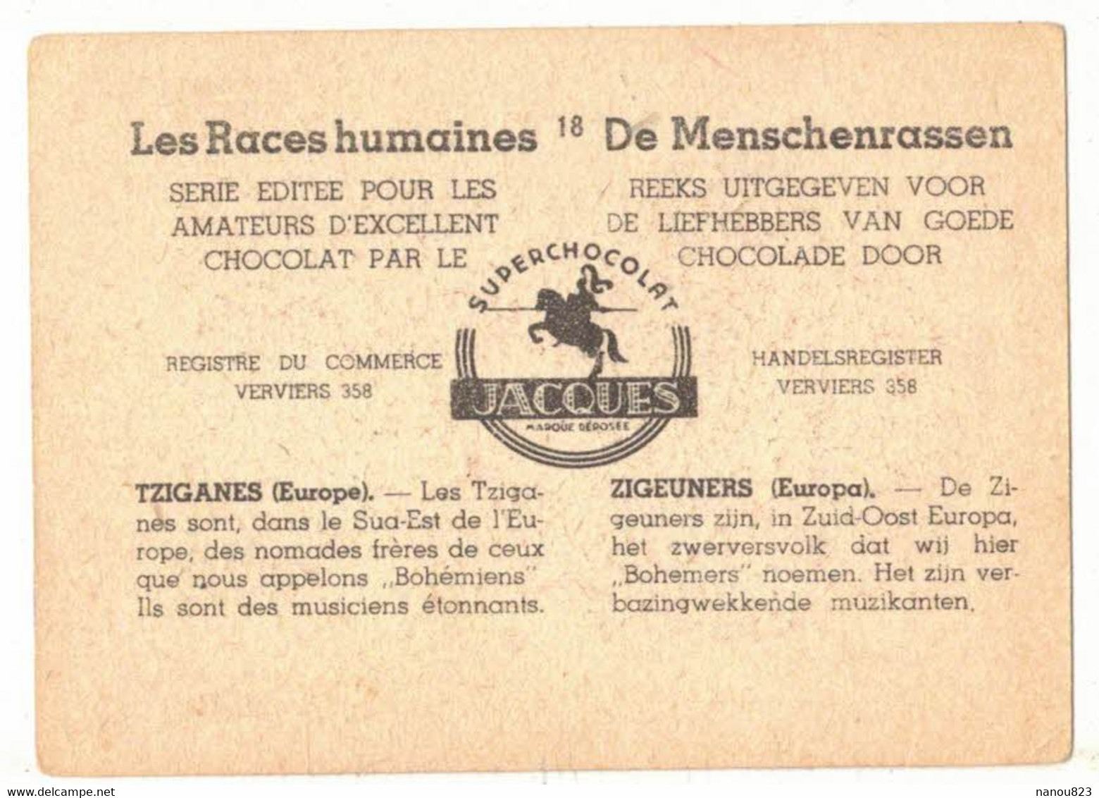 CHROMO EUROPE TZIGANES MANOUCHE BOHEMIEN NOMADE BOHEME PUBLICITE CHOCOLAT JACQUES RACES HUMAINES DE MENSCHENRASSEN - Jacques