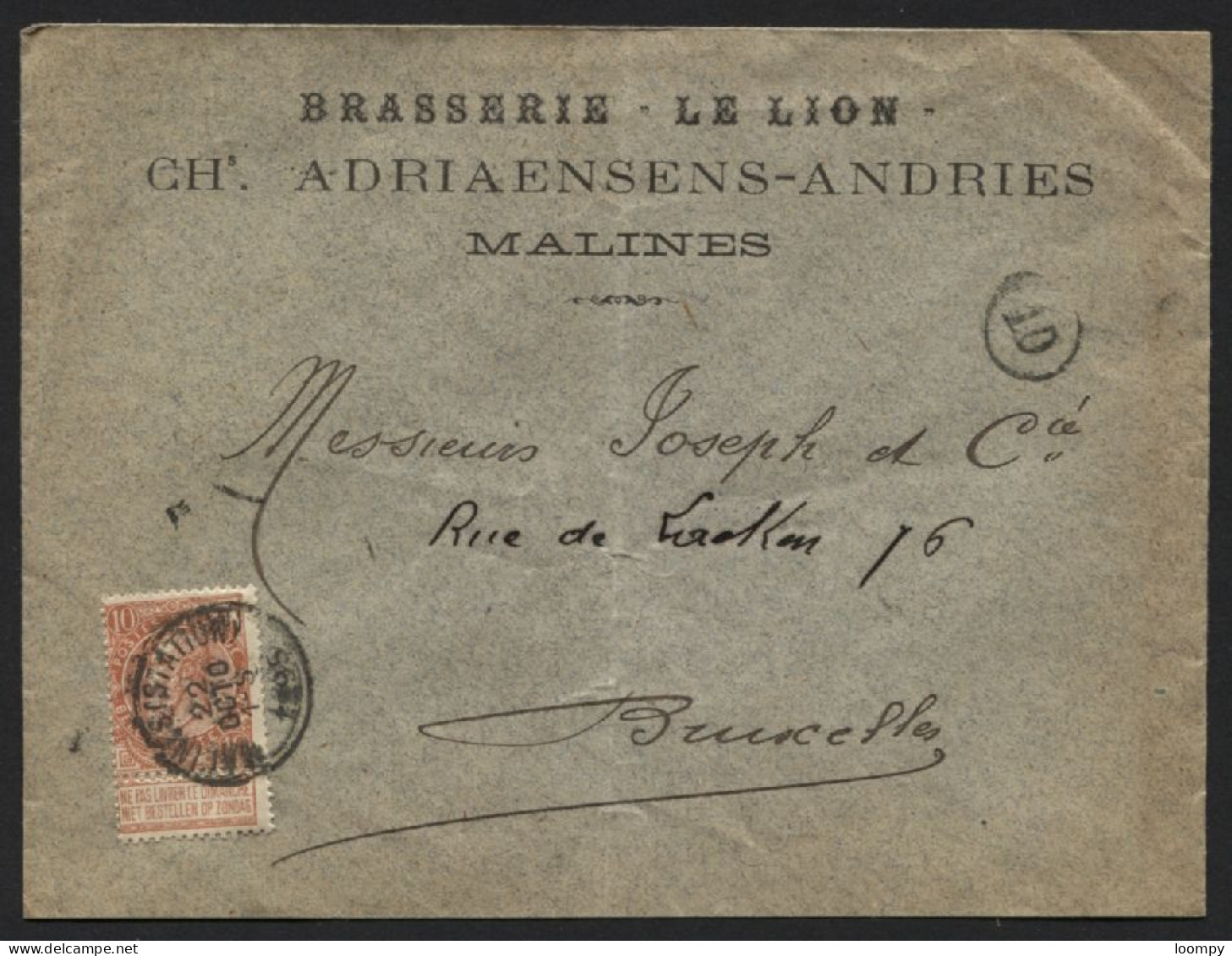 57 Obl. MALINES STATION S/Lettre Entête Brasserie Le Lion CH. Adriaensens Andries Mechelen 1895 Brasseur Bière Brouwerij - Cervezas