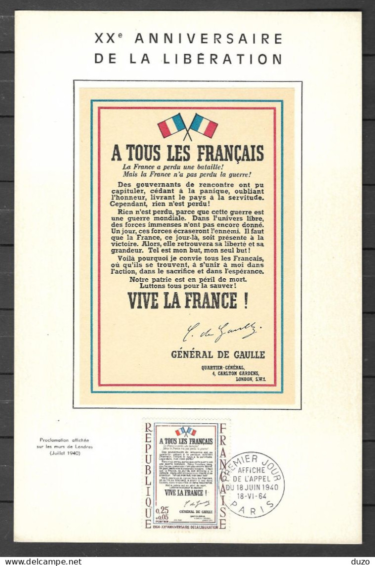 1◙  France - Général De Gaulle - Affiche De L'appel Du 18 Juin 1940 - 1964 - Format 24,5x16 Cms (TTB). - De Gaulle (General)