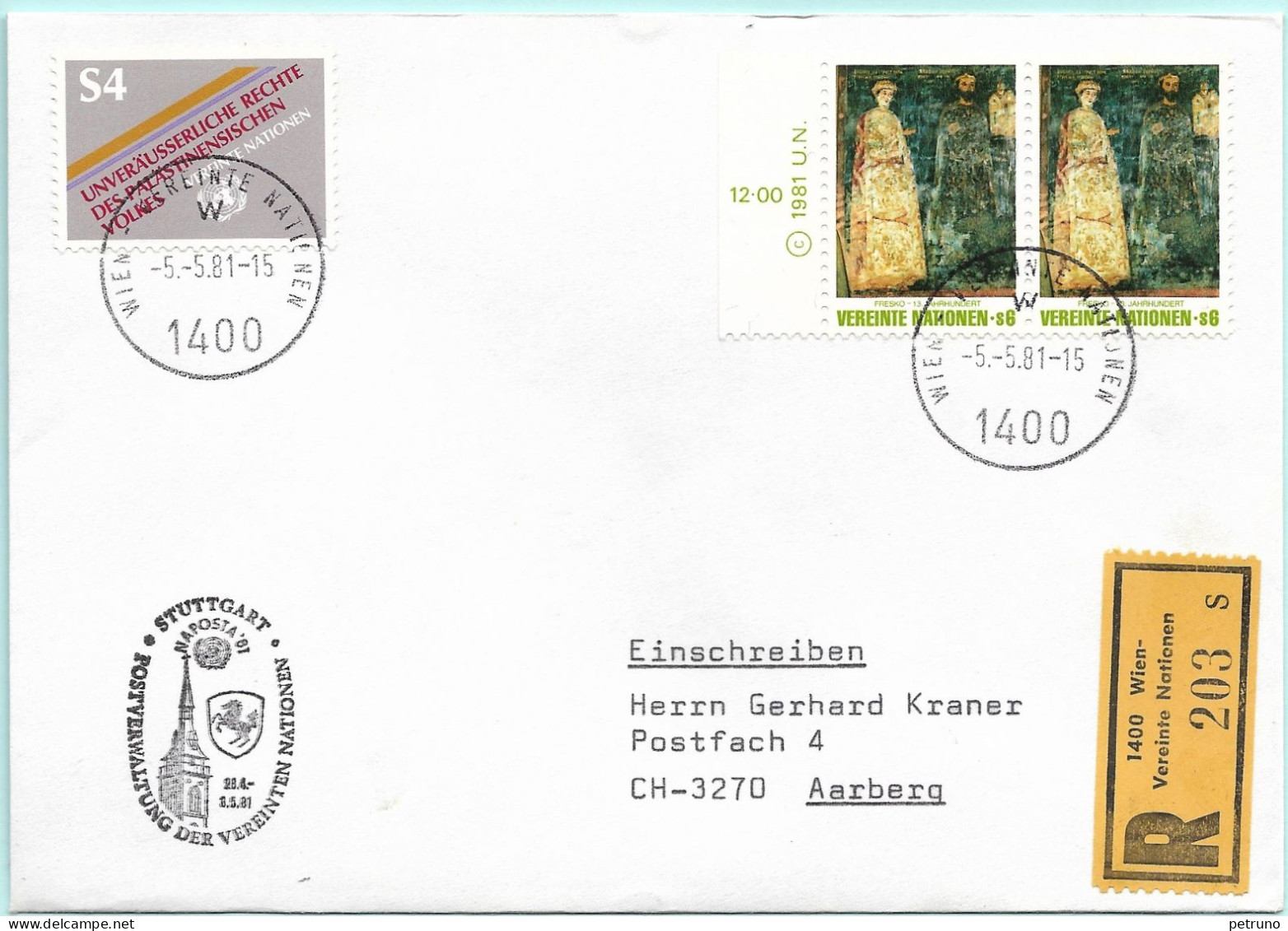 UNO-Wien R-Brief Naposta 81 Stuttgart D Erinnerungsstempel MI-No 12 - Brieven En Documenten