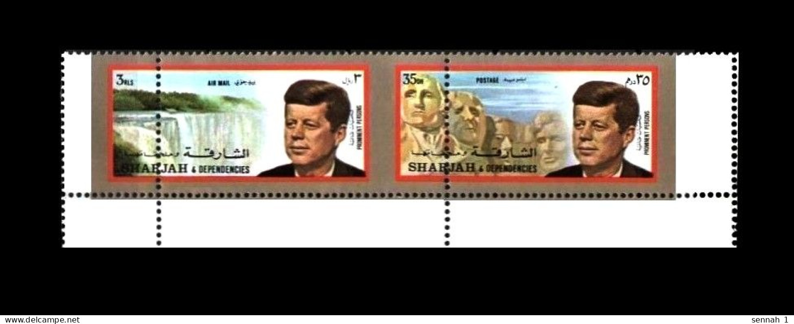 Sharjah: 'John F. Kennedy – Niagara Falls – Mount Rushmore [perforation Error – Verzahnt], 1972', Mi 898+901AZD ** - Kennedy (John F.)