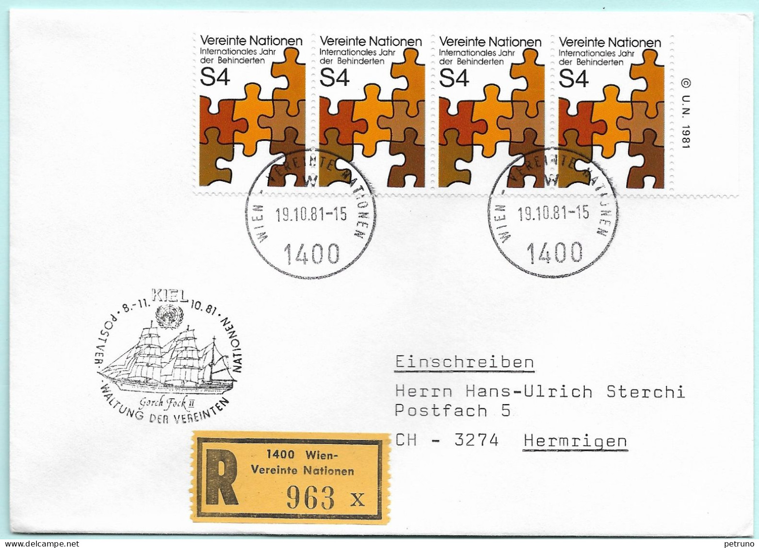 UNO-Wien R-Brief Gorck Fock II Kiel D Erinnerungsstempel MI-No 14 - Lettres & Documents