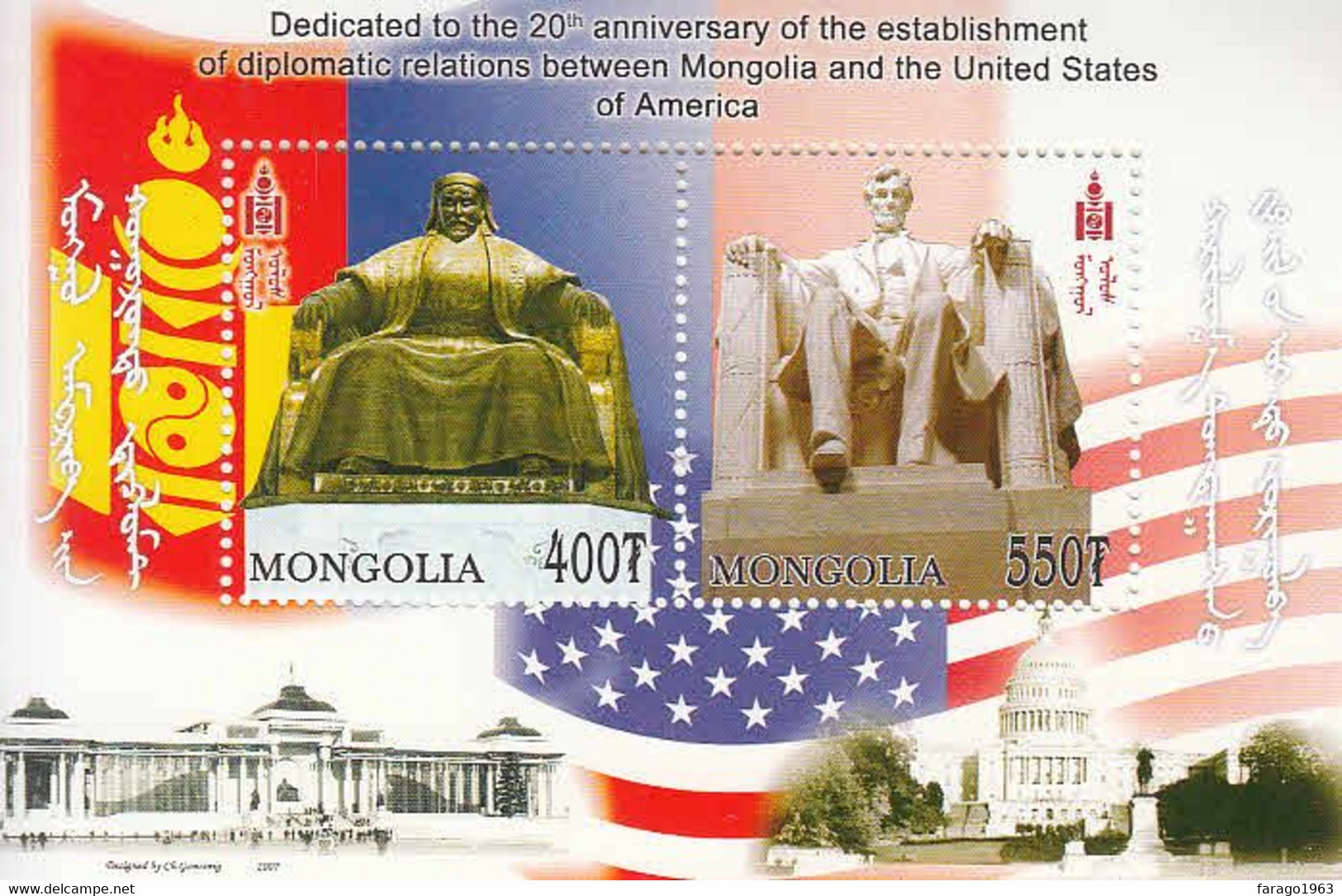2007 Mongolia Links With USA Genghis Khan Lincoln Memorial Flags  Souvenir Sheet  MNH - Mongolia