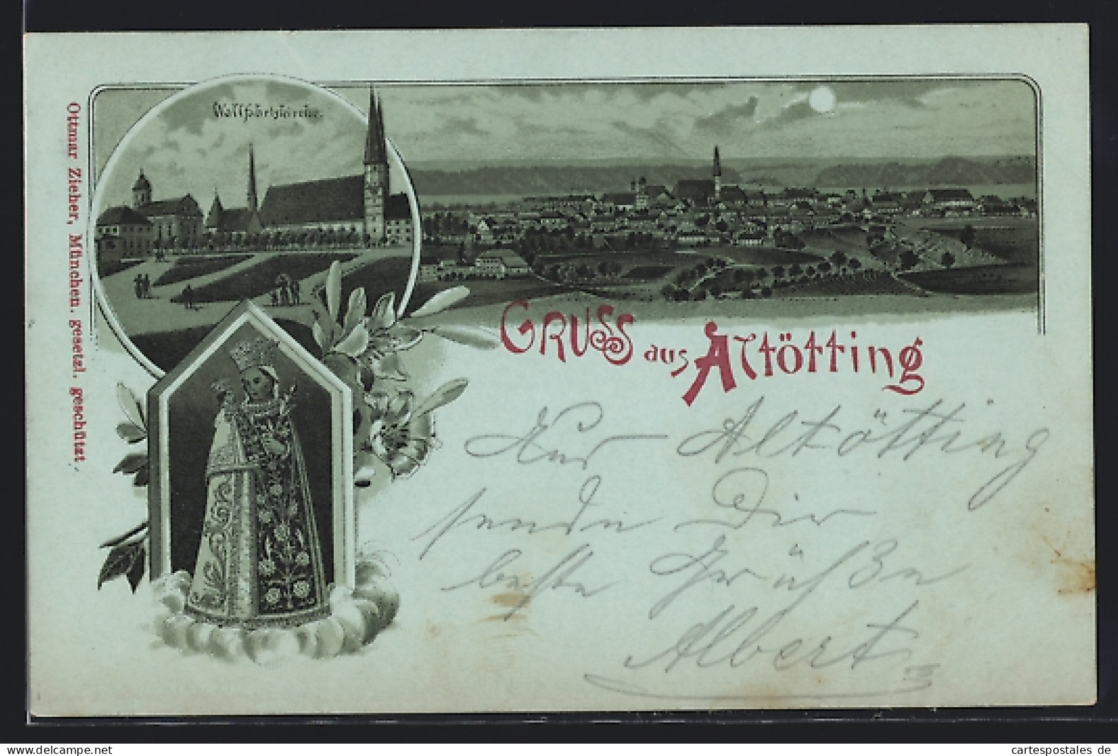 Mondschein-Lithographie Altötting, Wallfahrtskirche, Gnadenbild, Gesamtansicht  - Altoetting