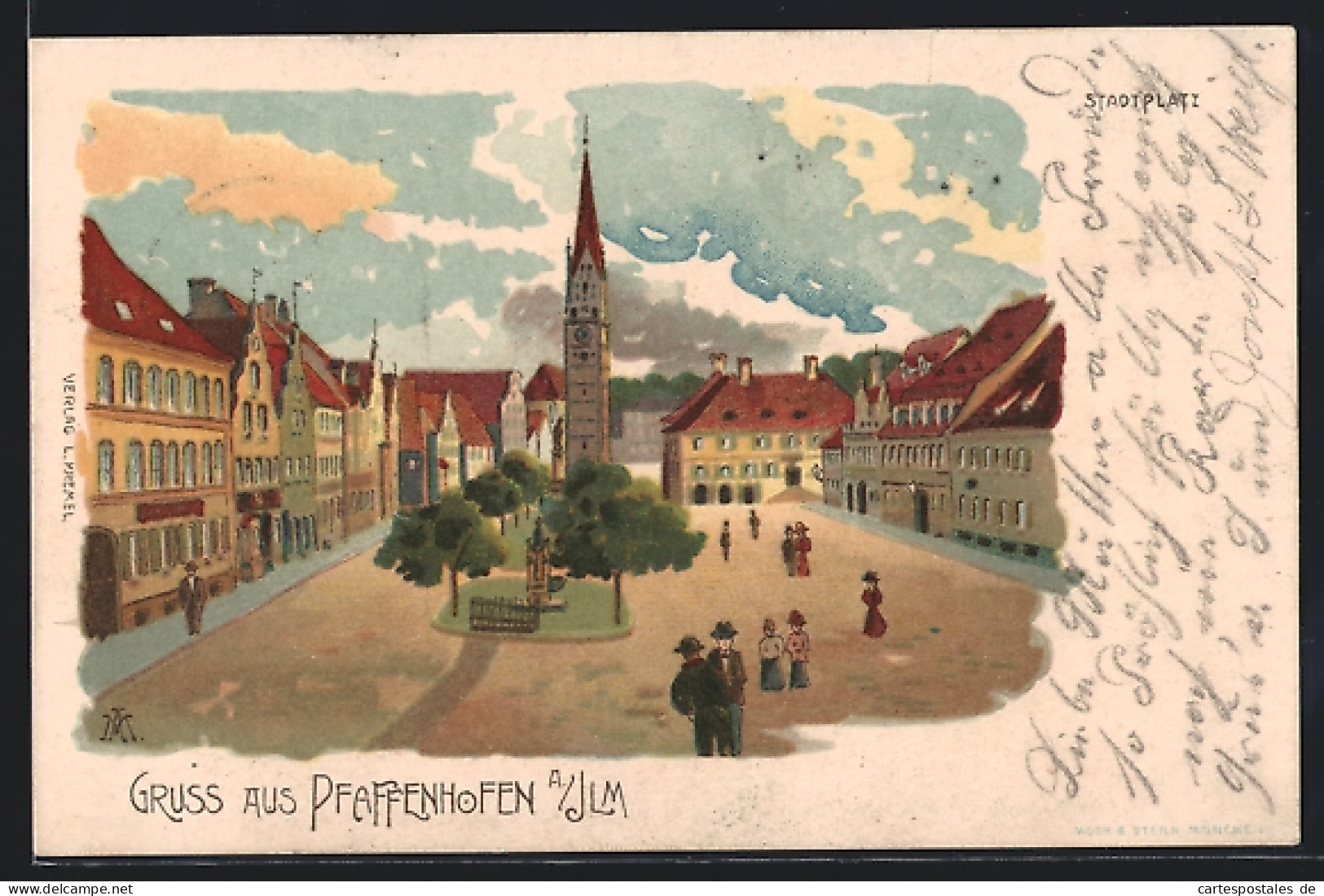 Lithographie Pfaffenhofen /Ilm, Stadtplatz Mit Denkmal Und Turm Aus Der Vogelschau  - Pfaffenhofen