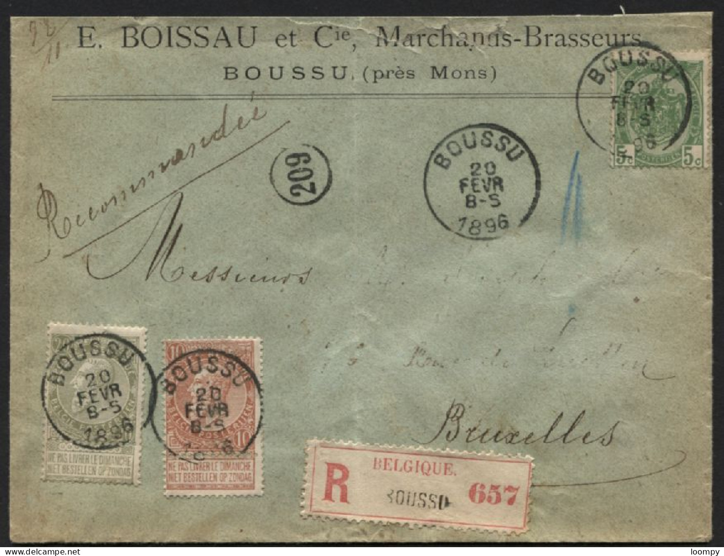 56-57-59 BOUSSU S/Lettre Recom. Entête Brasserie BOISEAU 1896 Brasseur Bière Brouwerij.Voir Autres Lettres - Birre