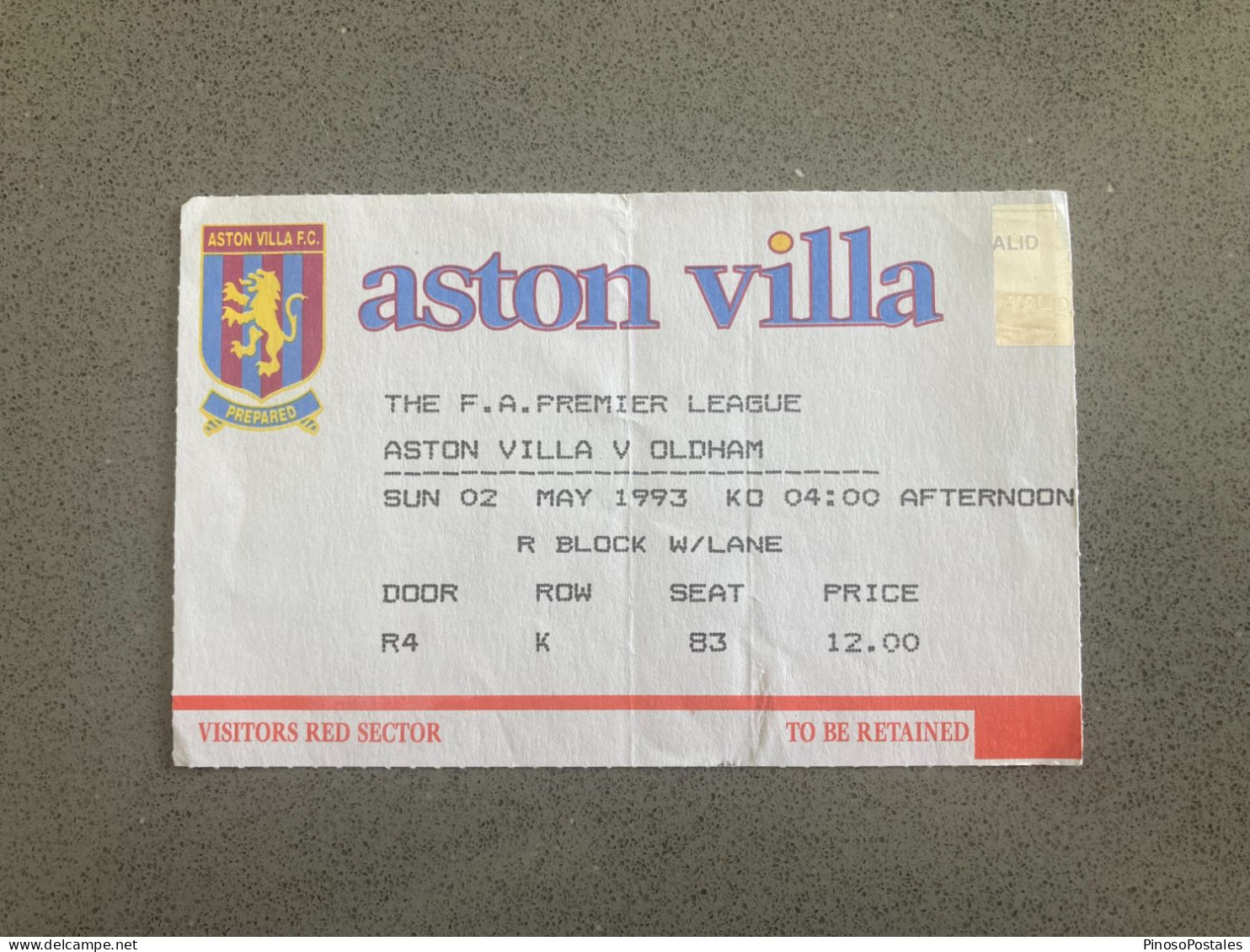 Aston Villa V Oldham Athletic 1992-93 Match Ticket - Tickets & Toegangskaarten